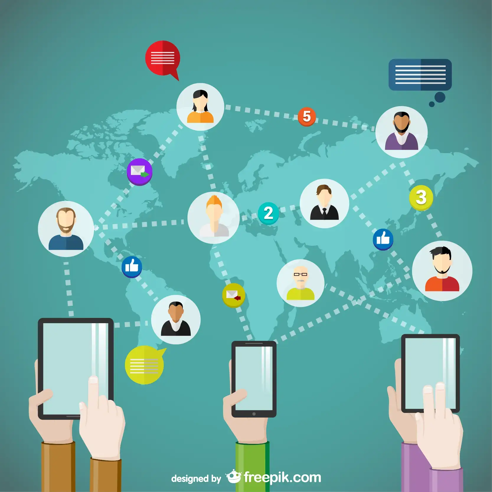 cartoon illustration of hands holding phones and people icons getting connected across the globe