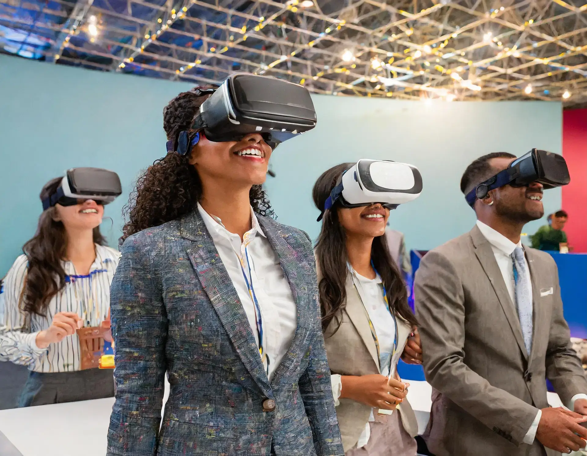 Asistentes a la convención mirando a través de gafas de realidad virtual.