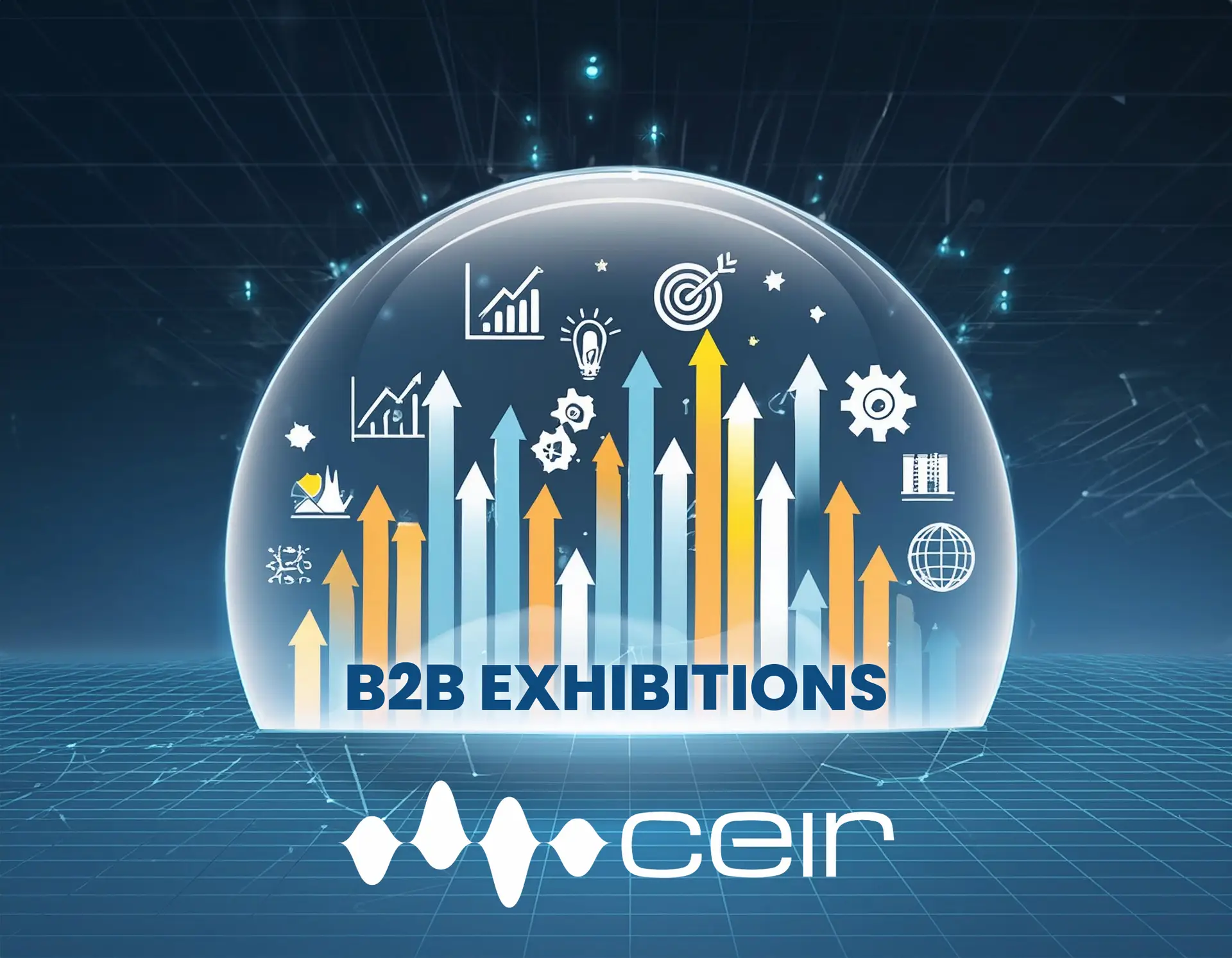 cartoon illustration depicting B2B exhibitions with globe encasing graph arrows pointing upward surrounded by business icons and CEIR logo at bottom