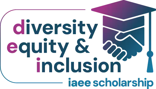 Logo with text that says "Diversity, Equity & Inclusion. IAEE Scholarship." with an illustrated graphic of graduation cap and shaking hands.