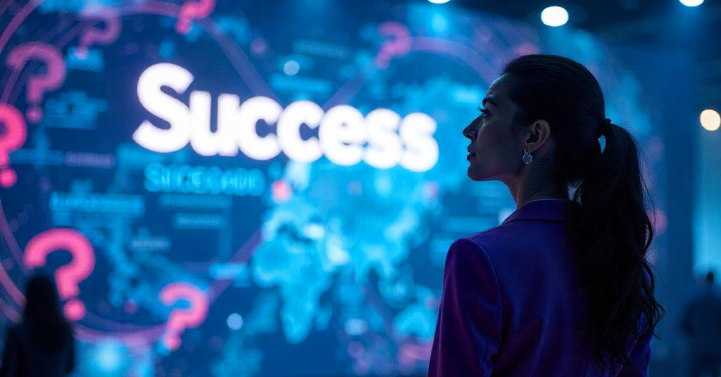 Female professional looking at large digital display that has the word "Success" across global map